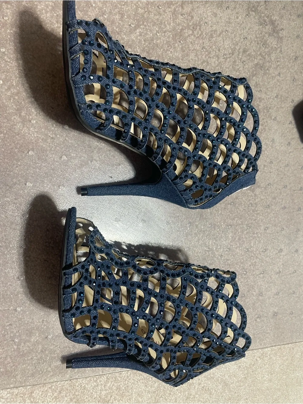 Denim Zigi Soho Cutout Peep-Toe Heels with navy blue shiny beads.